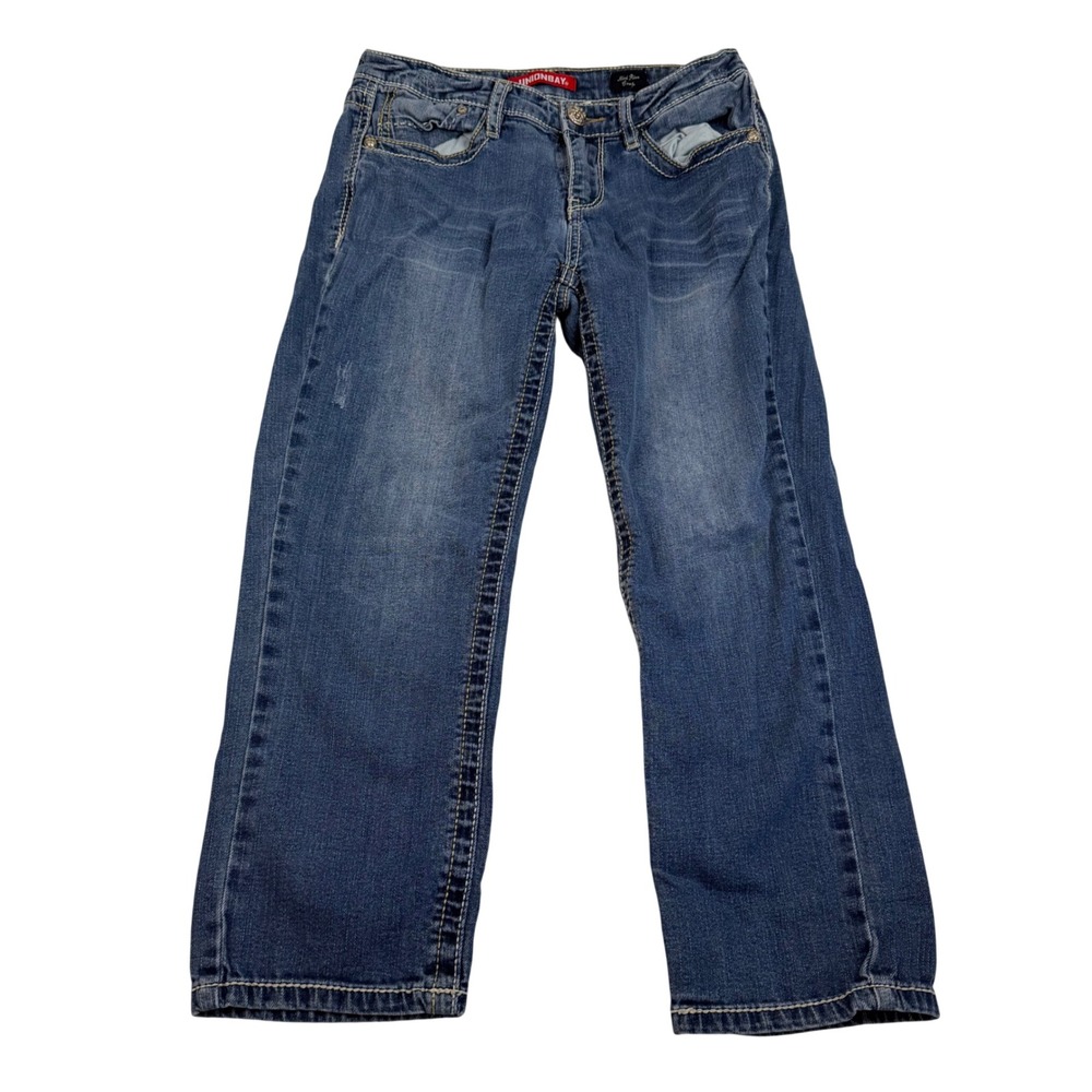 Unionbay Womens Size 5 Mid Rise Crop Jeans Blue Embroidered Pockets Straight Leg